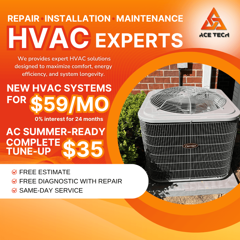 Advertisement for Ace Tech HVAC services featuring a Carrier AC unit, promoting new systems at $59/month and a $35 summer tune-up, with free estimate and same-day service.