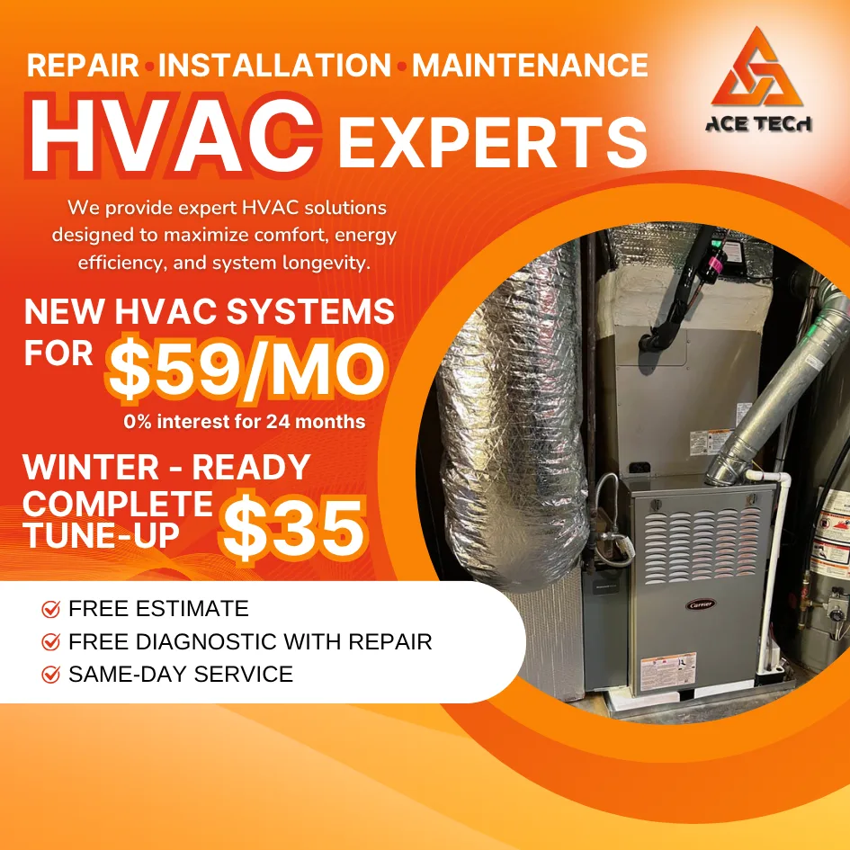 Promotional ad for HVAC services offering new systems at $59/month and winter tune-ups for $35, featuring a furnace image and a list of service benefits.