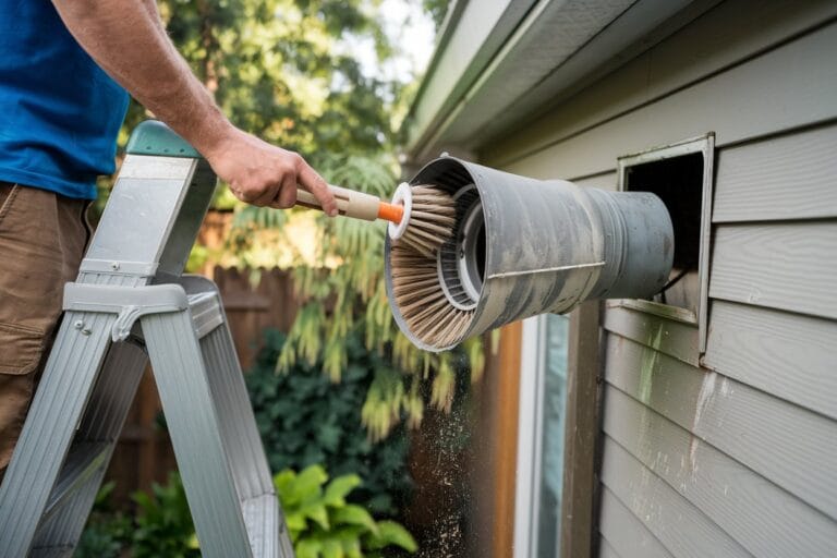 A diligent worker on a ladder carefully cleans a dryer vent with a specialized brush, ensuring the home's safety and efficiency.