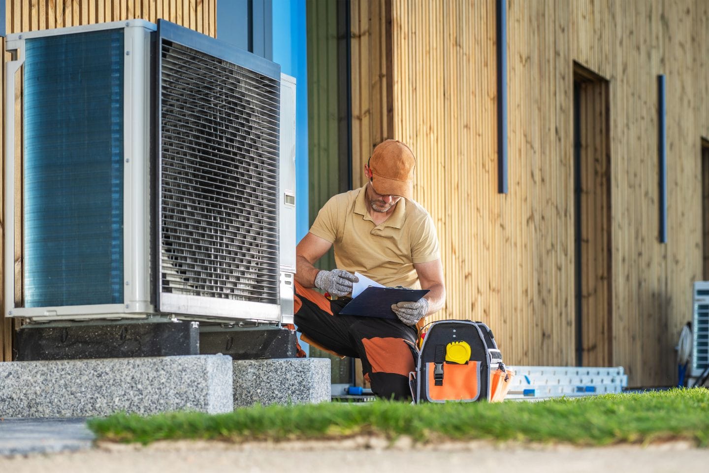 A technician in work clothes examines documents near an outdoor HVAC unit, with a tool bag nearby, ensuring the dynamic content widget is properly integrated.