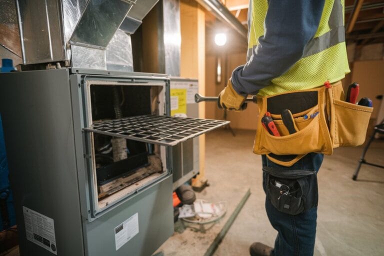A technician in safety gear inspects a heating system in a basement, efficiently utilizing a dynamic content widget for diagnostics while holding a tool and wearing a tool belt filled with various instruments.