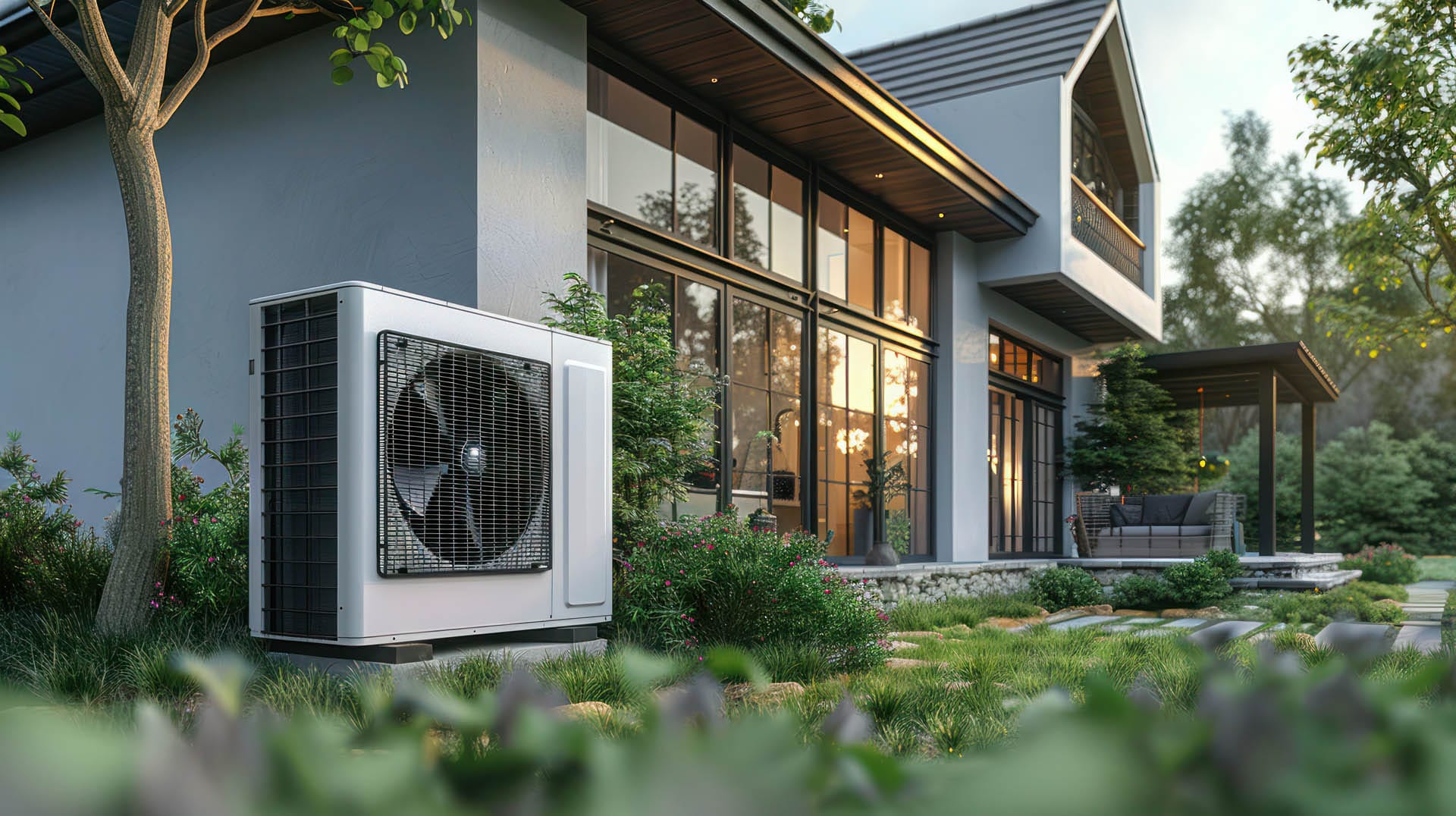 Heat pump installed outside a modern house with large windows, surrounded by greenery and a patio area.