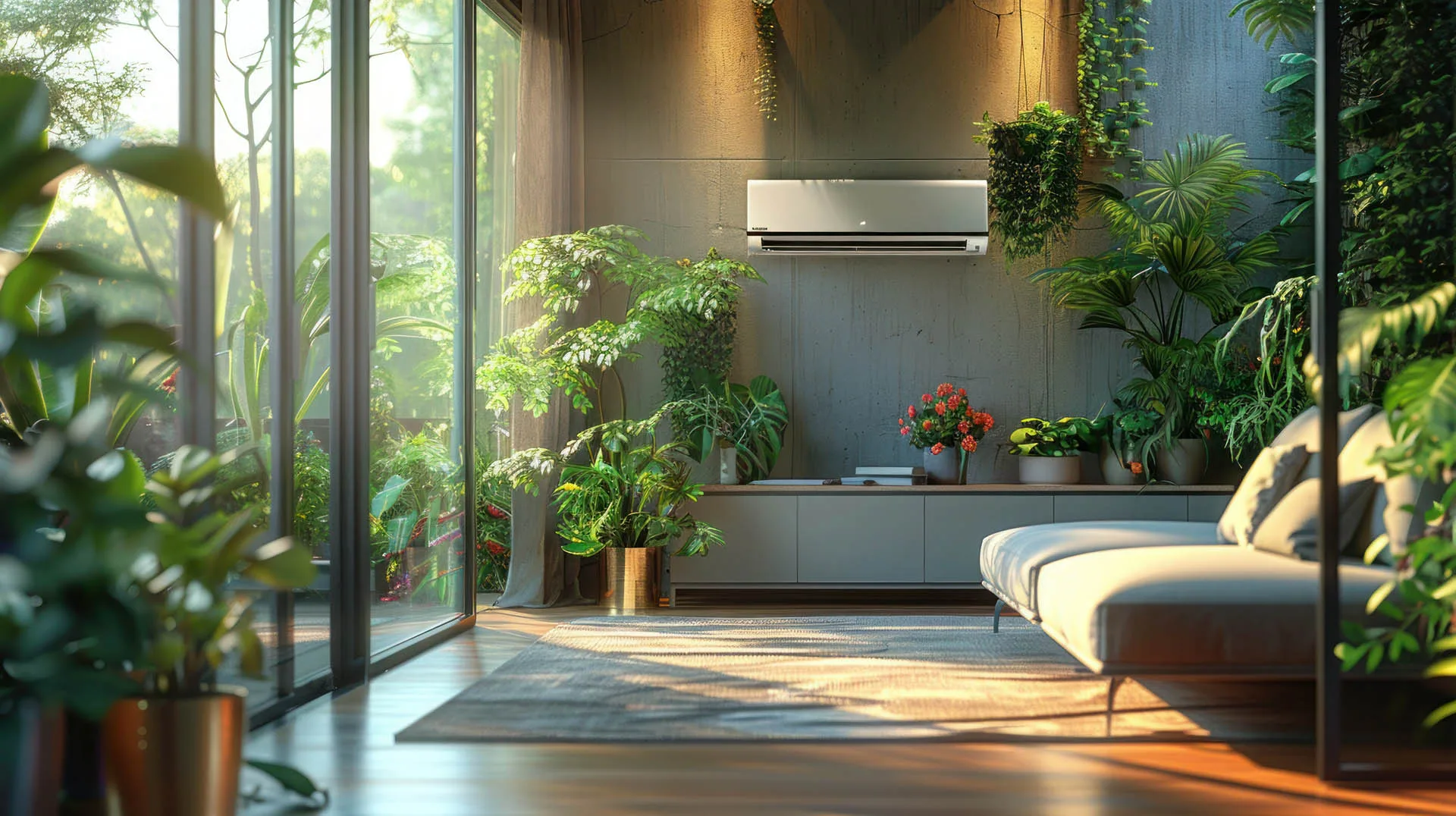 Modern living room with large windows, wooden floor, and lush plants. A sofa and potted plants are arranged around a glass table. An air conditioner is mounted on the wall.