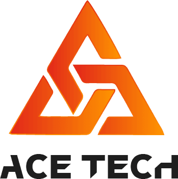 A logo featuring an orange angular triangle design above the words "ACE TECH" in bold black letters.