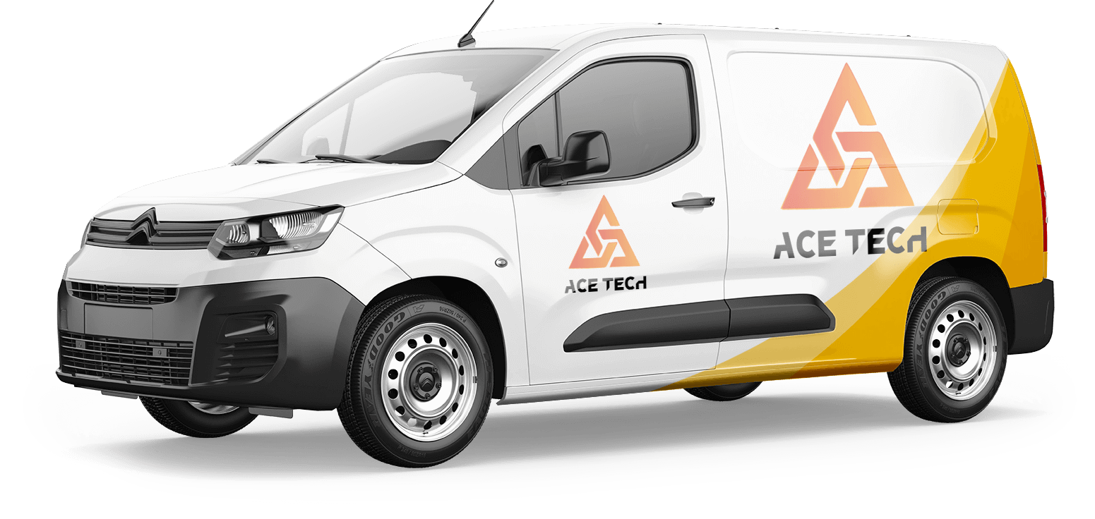 White Citroën van with "ACE TECH" logo and geometric design on the side.