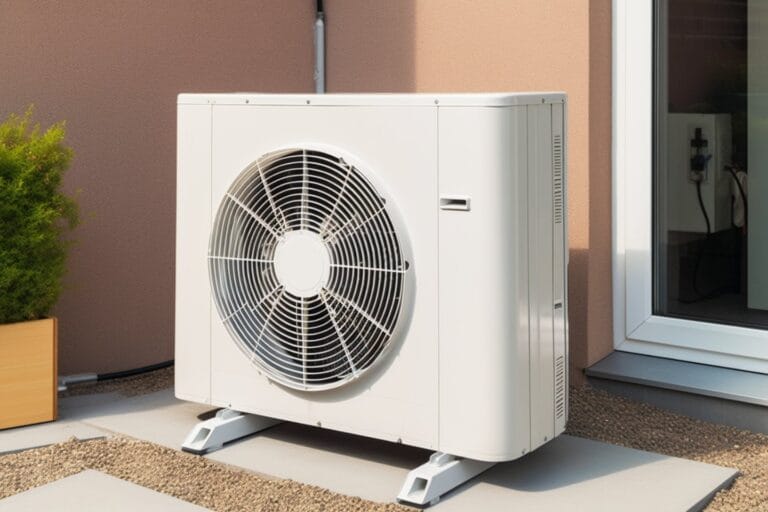 An expertly crafted AC installation features the outdoor air conditioning unit on a concrete slab next to a wall. To the left, a potted plant adds charm, while a window to the right ensures easy access.