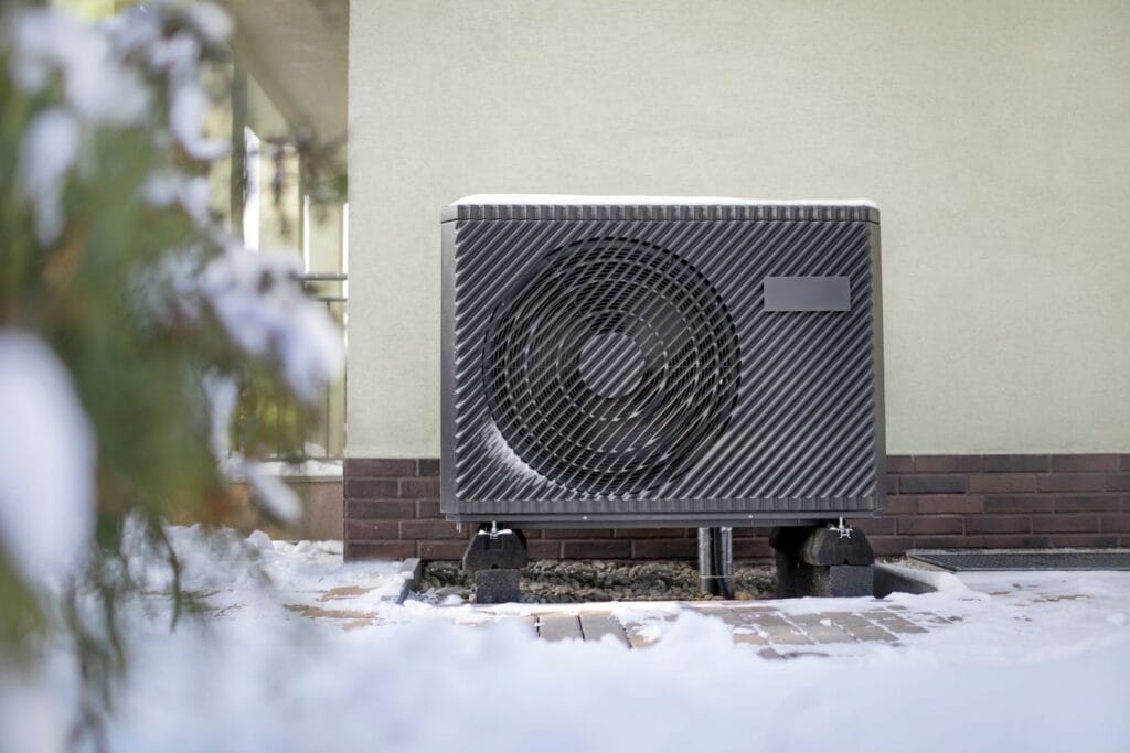 How Often Should You Service Your HVAC: An outdoor heat pump unit, part of our comprehensive air conditioning services, is installed against a light-colored wall, with the surrounding ground blanketed in snow.
