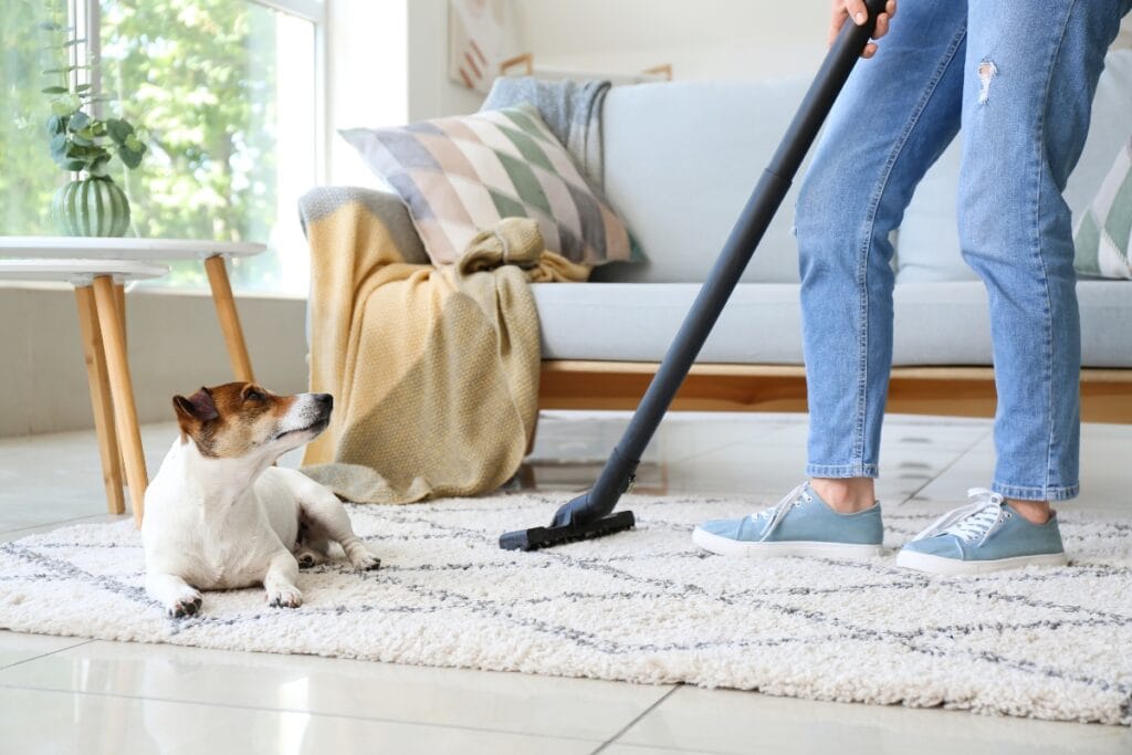 Best Air Purifiers for Allergies: Improve HVAC Air Quality 8 A person vacuuming a rug near a small dog lying in a living room with a sofa, side table, and air purifiers for allergies in the background.