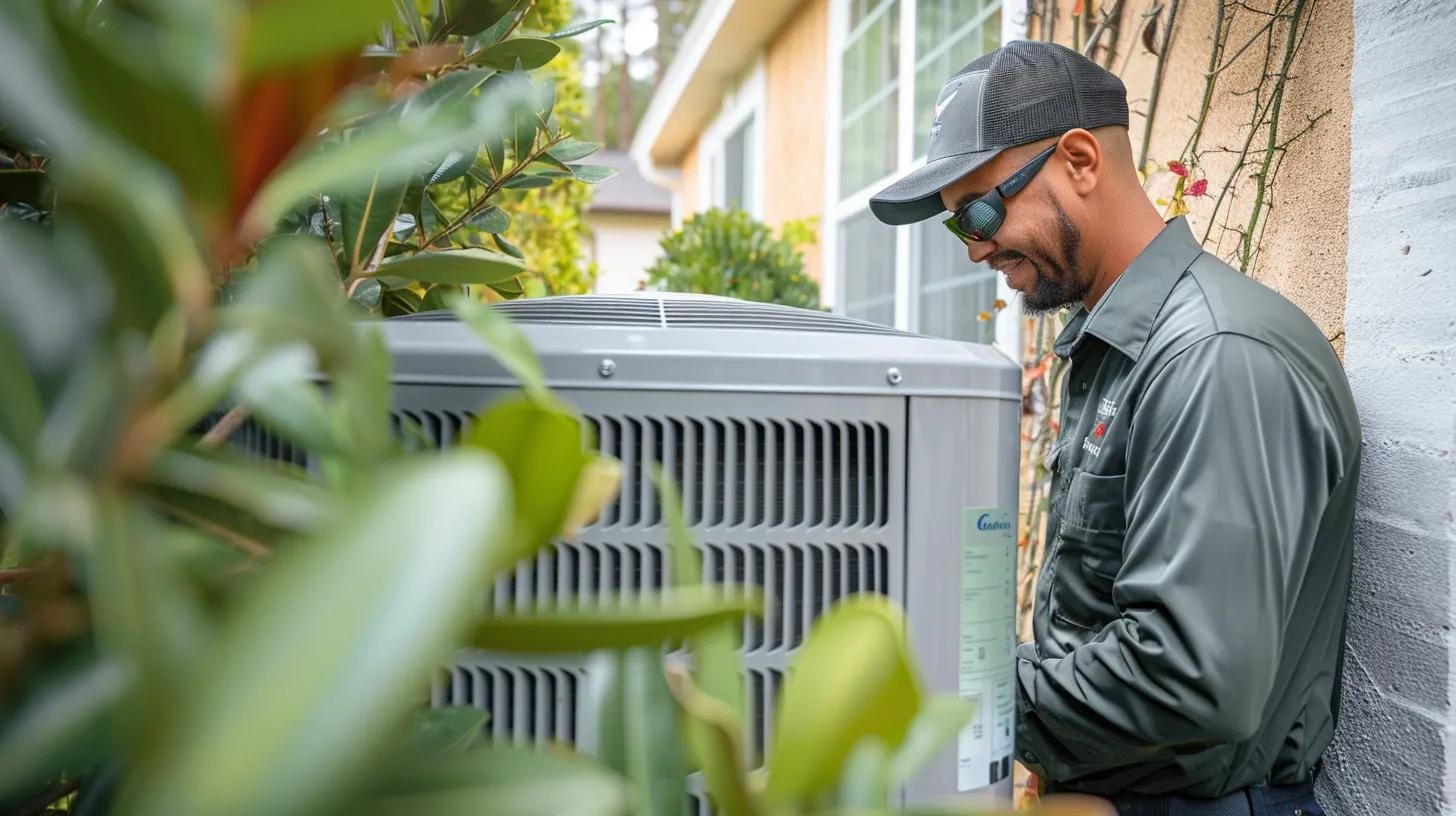 HVAC Maintenance Tips Every Pet Owner Should Know 6 a professional hvac technician inspects an advanced air conditioning unit in a sleek, modern home, highlighting the importance of thorough maintenance for a pet-friendly environment.