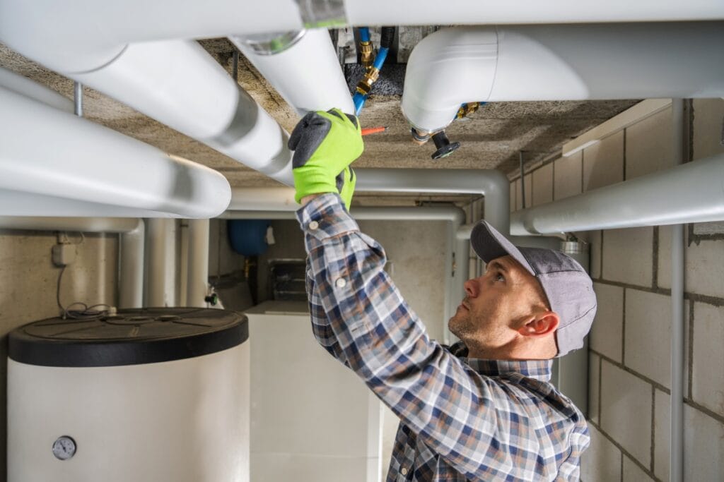 The Ultimate SEER Rating HVAC Guide: Why It’s Crucial for Efficiency 7 A worker in a plaid shirt and cap installs or repairs white pipes on a basement ceiling, possibly upgrading the SEER rating HVAC system, using tools and wearing green gloves.