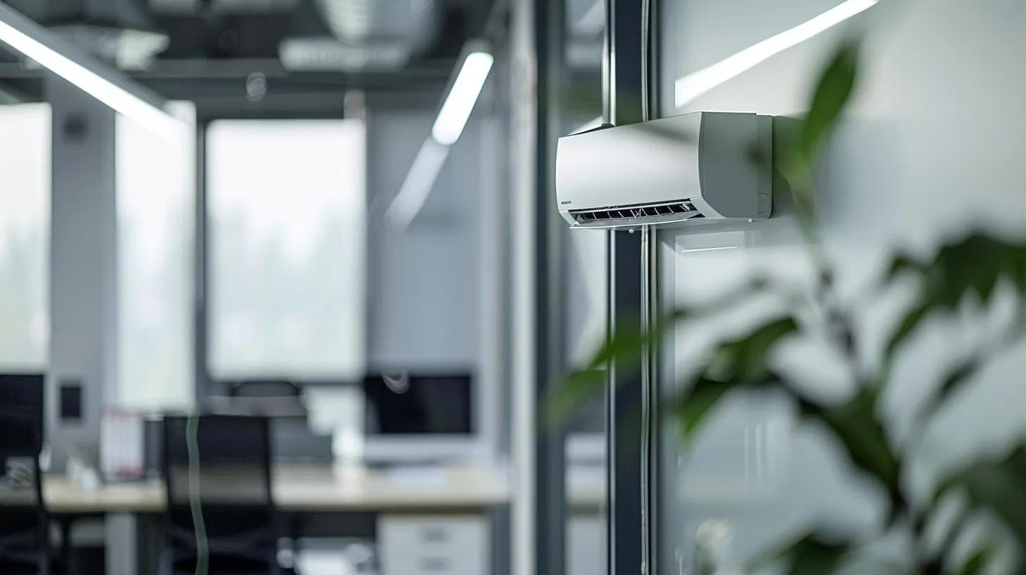 Ductless HVAC Systems: Pros and Cons of Mini-Splits 10 a sleek, modern office space features a stylish ductless hvac unit mounted discreetly on the wall, illuminated by bright overhead lights, surrounded by a minimalist desk setup that emphasizes energy efficiency and advanced technology.