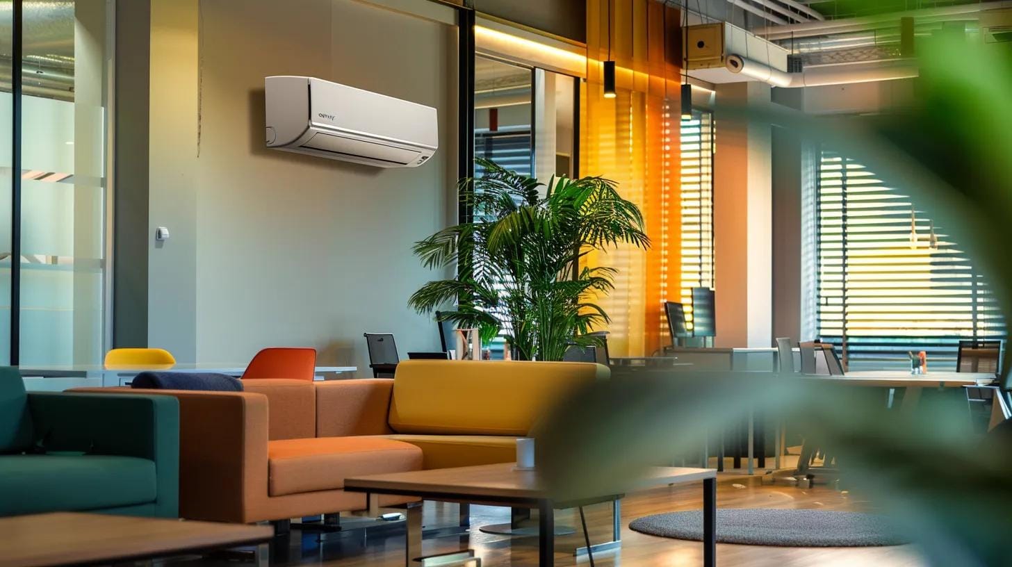 Ductless HVAC Systems: Pros and Cons of Mini-Splits 8 a sleek, modern urban office space showcases a ductless mini-split hvac system mounted on a wall, highlighting its efficient and unobtrusive design amidst contemporary furnishings and vibrant decor elements.