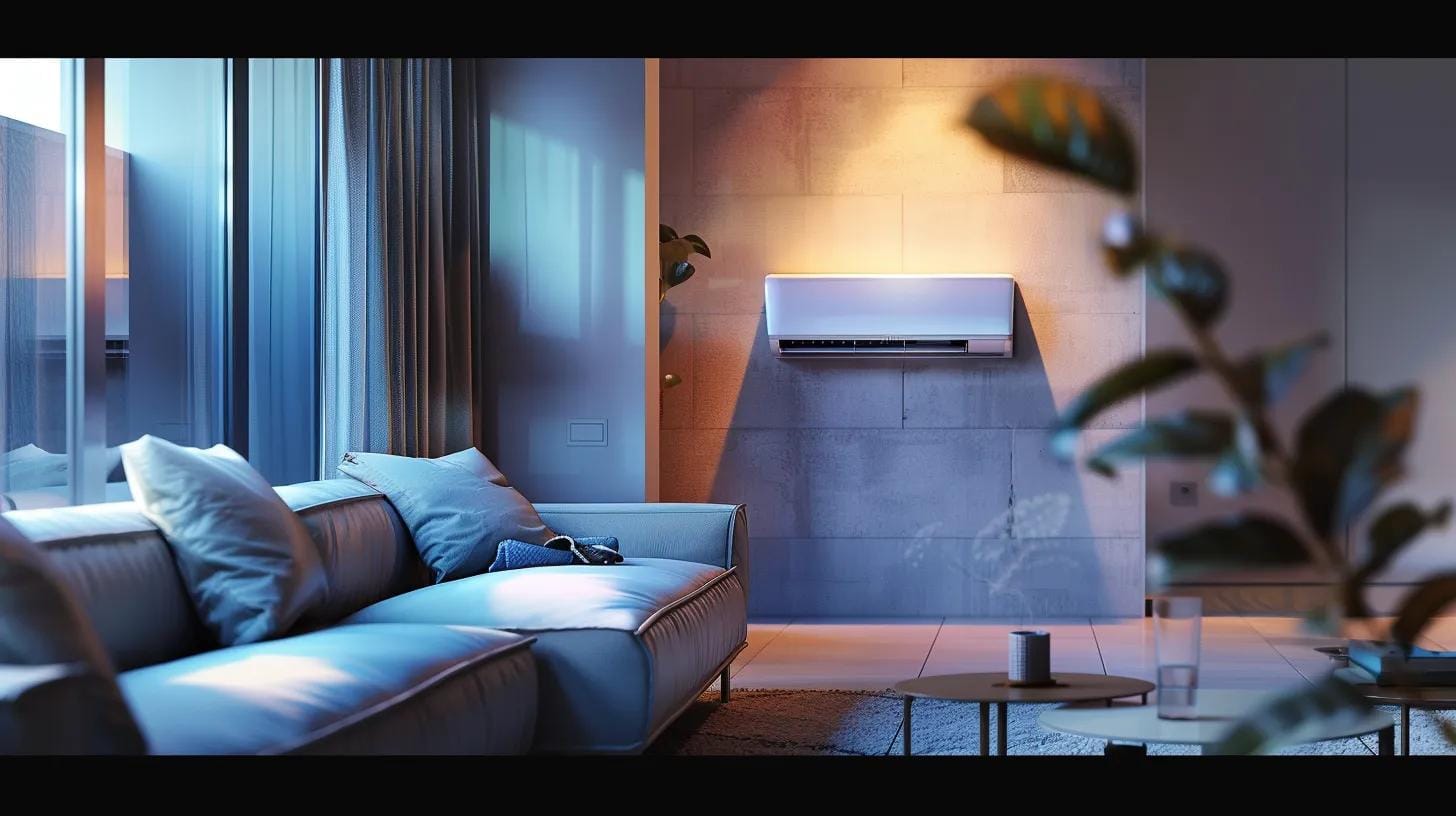 Ductless HVAC Systems: Pros and Cons of Mini-Splits 12 an elegantly designed modern living room showcases a sleek ductless mini-split air conditioning unit mounted on the wall, contrasting with a traditional hvac vent on the floor, illuminated by soft indoor lighting to highlight the advanced technology and energy efficiency benefits of the mini-split system.
