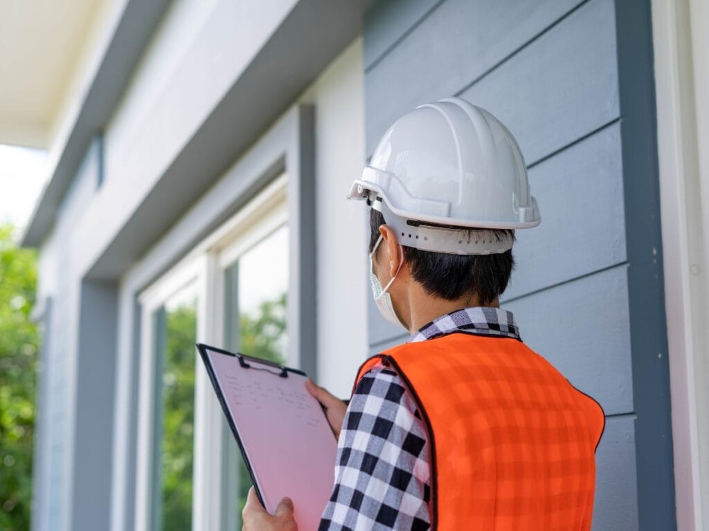 Person wearing a hard hat and orange safety vest inspects a building exterior while holding a clipboard and reviewing an HVAC checklist.