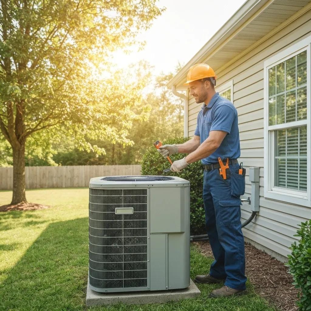 HVAC technician performing maintenance on an air conditioning unit in a Metro Atlanta home