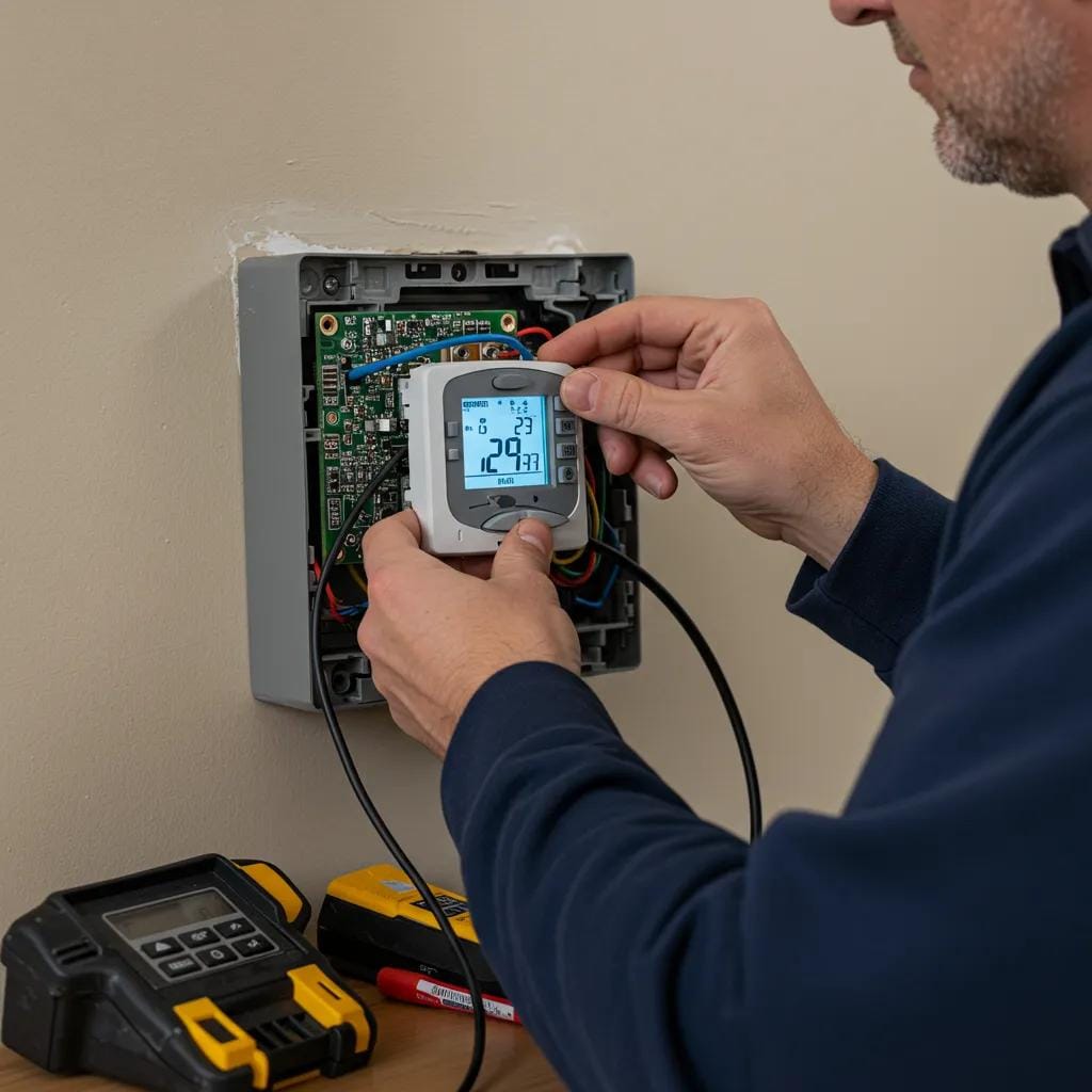 A skilled HVAC technician carefully installing a programmable thermostat, highlighting the precision and expertise involved