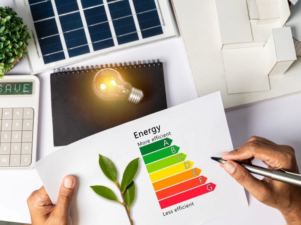 Person holding an energy efficiency rating chart near a calculator, solar panel, programmable thermostat, model house, light bulb, plant, and notepad on a desk.