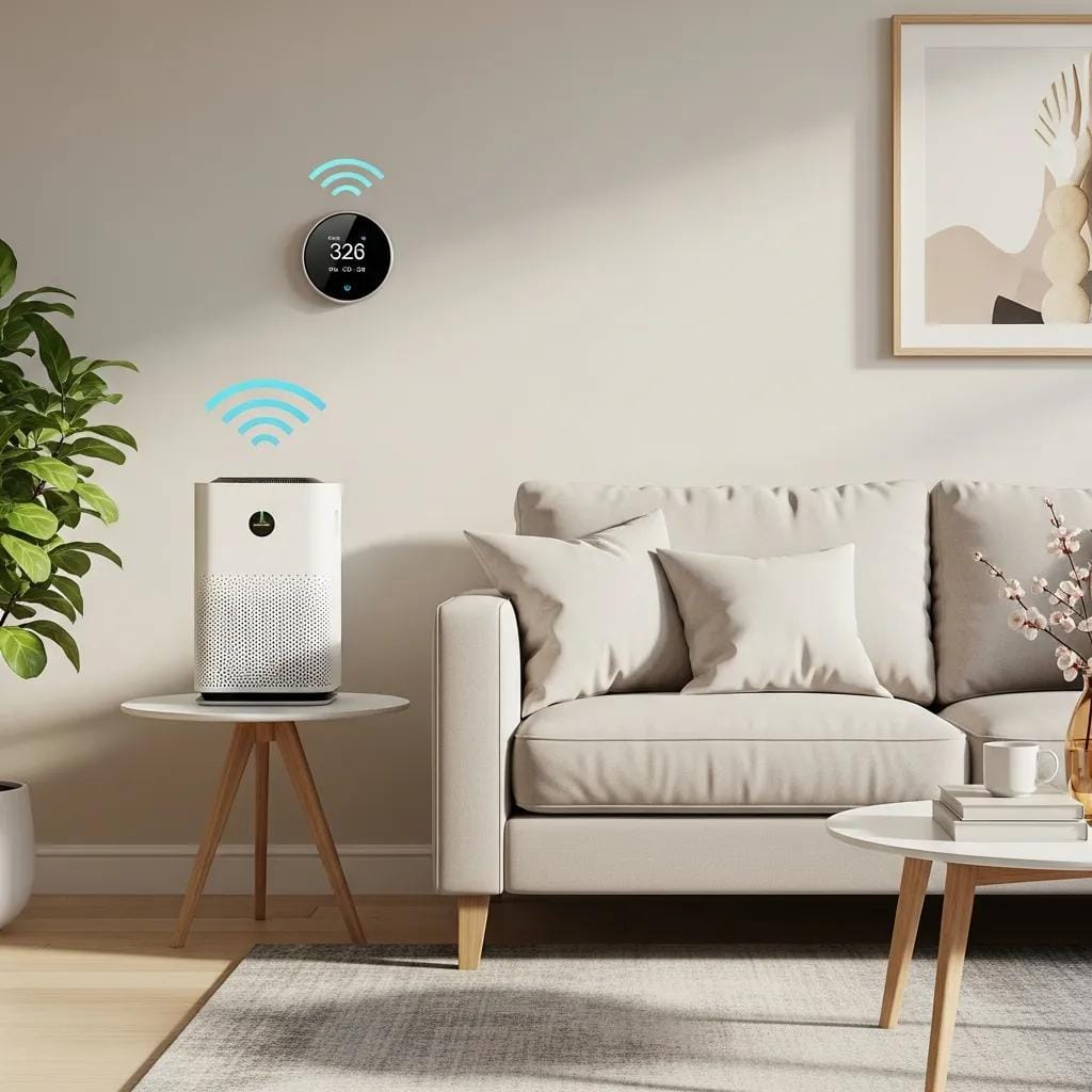 Cozy living room with smart HVAC accessories highlighting comfort and energy efficiency