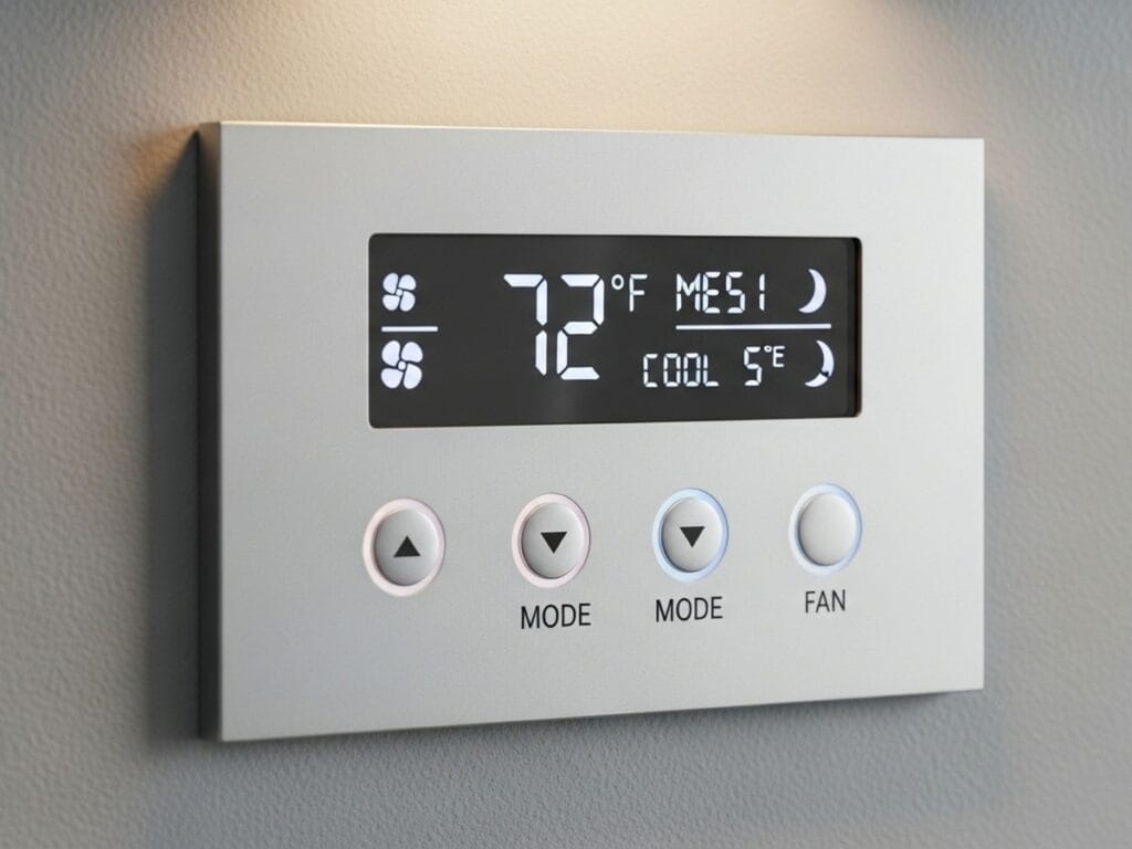 Smart Home HVAC Accessories: Best Gifts for Homeowners 1 Smart home HVAC accessories include a digital thermostat mounted on a wall, displaying 72°F with controls for mode, fan, and up or down adjustments.