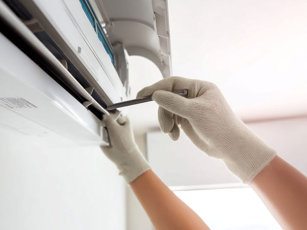 Smart Home HVAC Accessories: Best Gifts for Homeowners 4 A person wearing gloves uses a screwdriver to repair or maintain a wall-mounted air conditioning unit, ensuring optimal performance of smart home HVAC accessories.