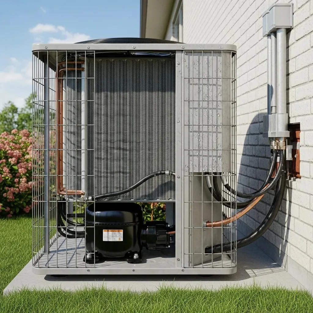 Air conditioning unit with visible compressor and coils, illustrating cooling process