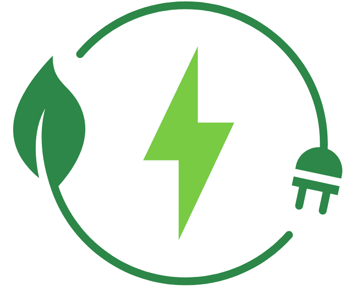 A green leaf, electric plug, and lightning bolt inside a circular outline, symbolizing renewable energy and promoting Georgia Home Energy Rebates for eco-friendly solutions.