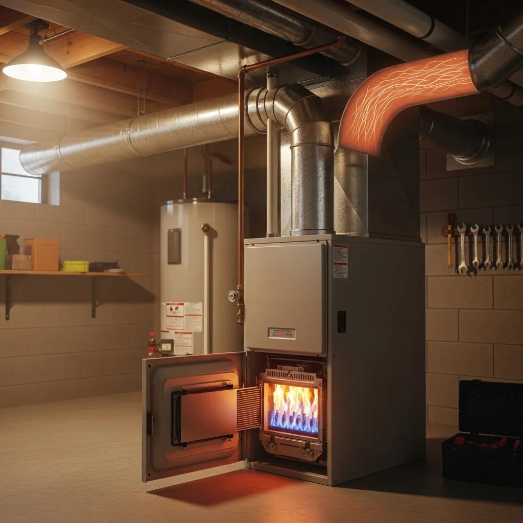 Gas furnace in operation, illustrating heating process in a home environment