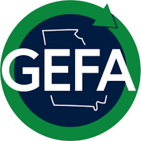 The logo features the acronym "GEFA" over an outline of Georgia, inside a navy circle with a green circular arrow&mdash;symbolizing Georgia home energy and its commitment to Home Energy Rebates.