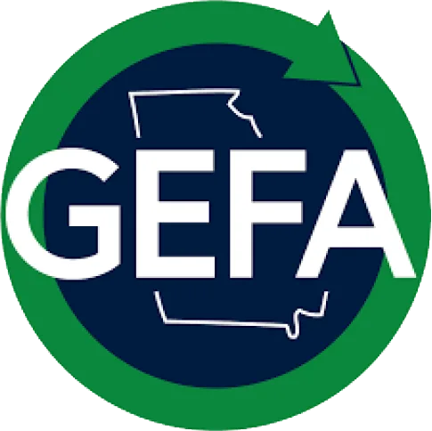 The logo features the acronym "GEFA" over an outline of Georgia, inside a navy circle with a green circular arrow&mdash;symbolizing Georgia home energy and its commitment to Home Energy Rebates.