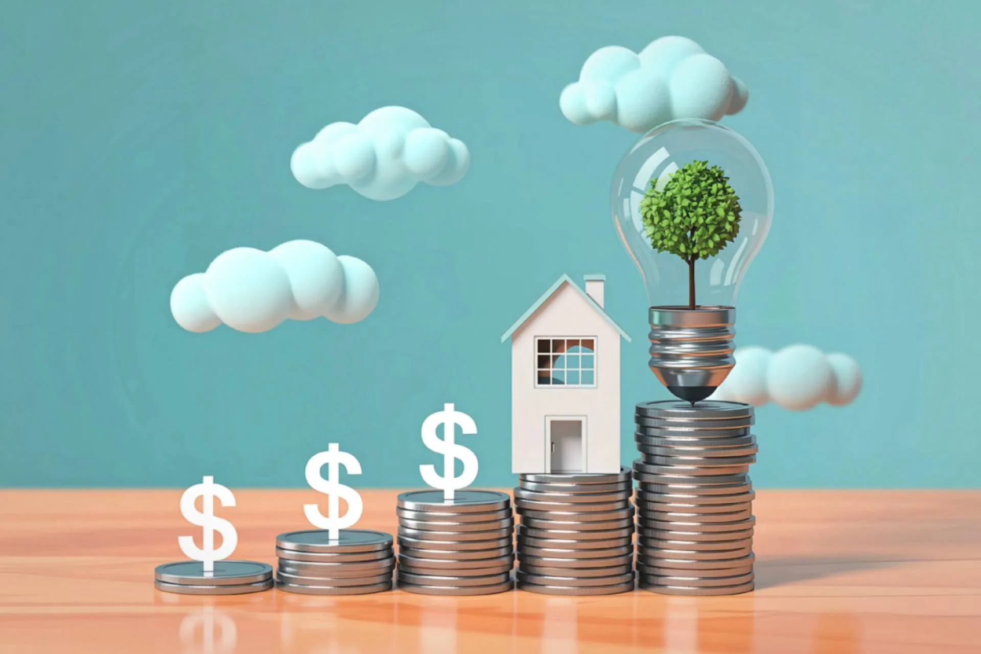 Stacks of coins with dollar signs increase in height, leading to a house and a large light bulb containing a tree, illustrating Home Energy Rebates Georgia, with clouds floating in the background.