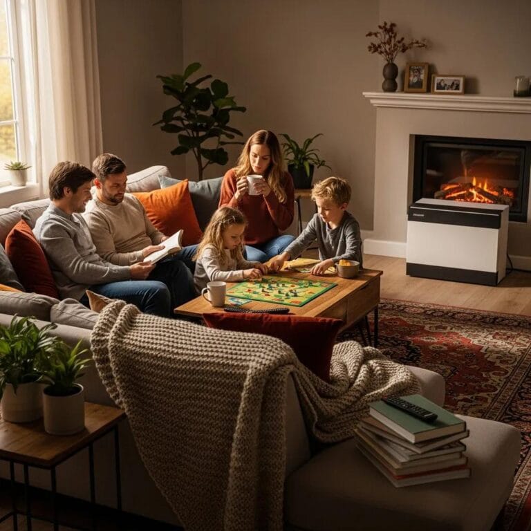 Cozy home interior with a modern electric furnace, highlighting warmth and comfort