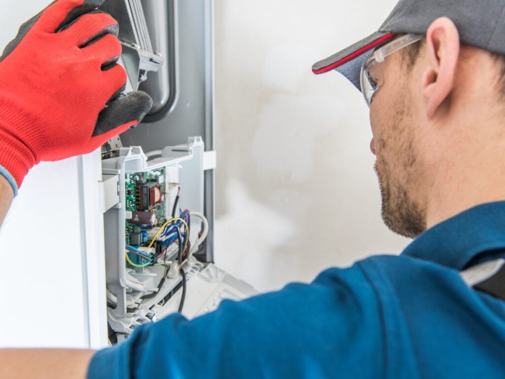 A technician in gloves and safety glasses inspects the wiring and circuit board inside an open electric furnace or other electronic appliance.