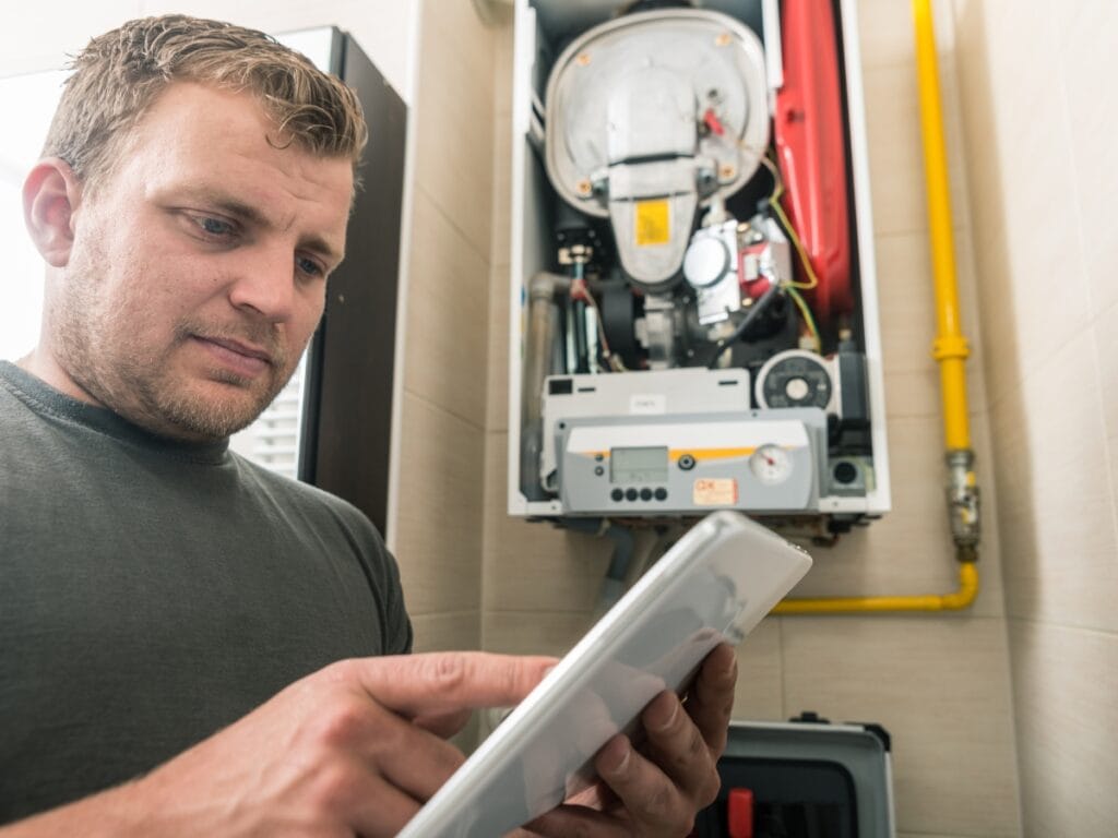 A man uses a tablet while inspecting or servicing a wall-mounted gas boiler with exposed components, yellow piping, and an electric furnace nearby.