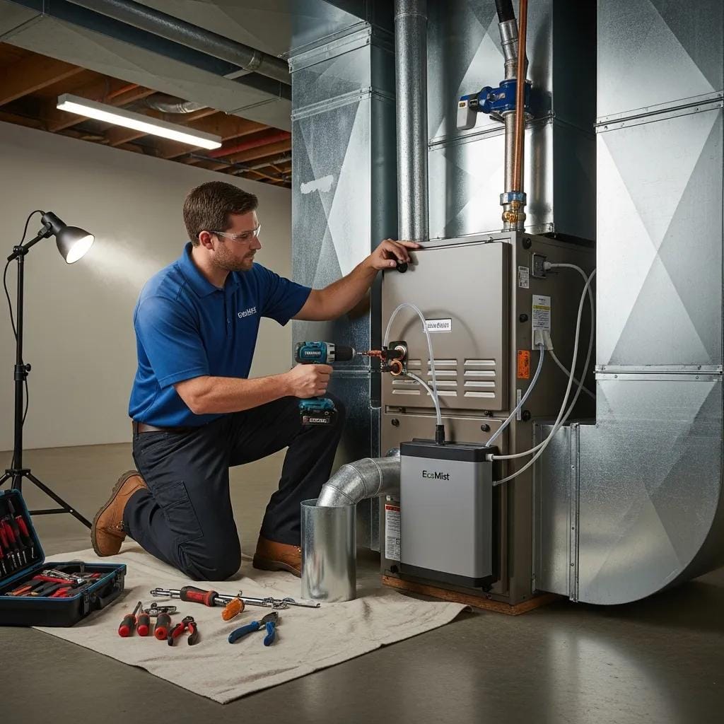Professional technician installing a whole-home humidifier in an HVAC system, showcasing expert installation