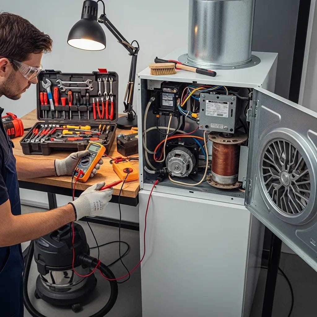 Technician performing maintenance on an electric furnace, highlighting care and inspection techniques