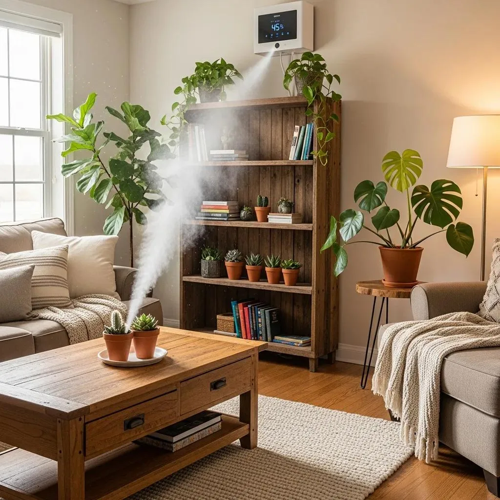Whole-home humidifier enhancing indoor comfort and air quality in a cozy living room