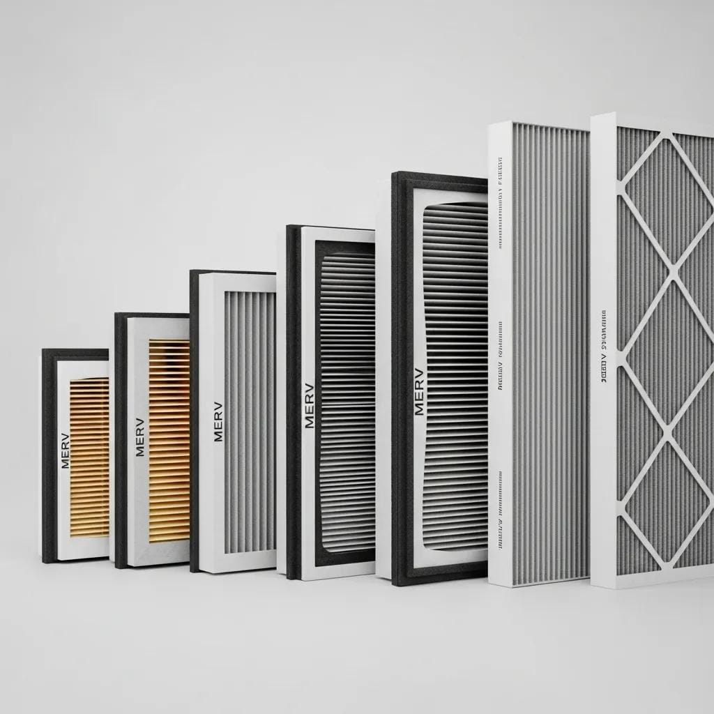 Comparison of HVAC air filters with varying MERV ratings, showcasing different designs and efficiencies