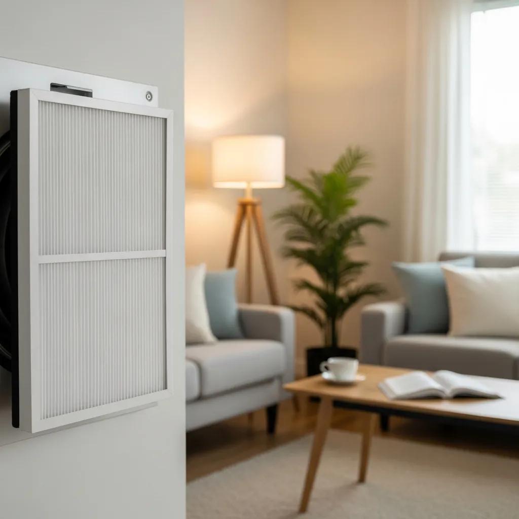 Modern HVAC air filter installed in a home, emphasizing indoor air quality and comfort