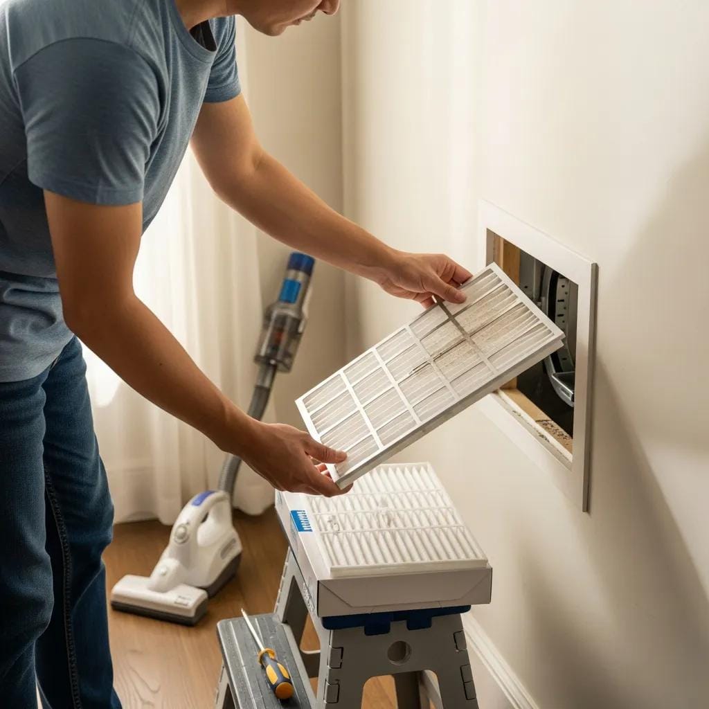 Person replacing an HVAC air filter, demonstrating home maintenance and air quality improvement