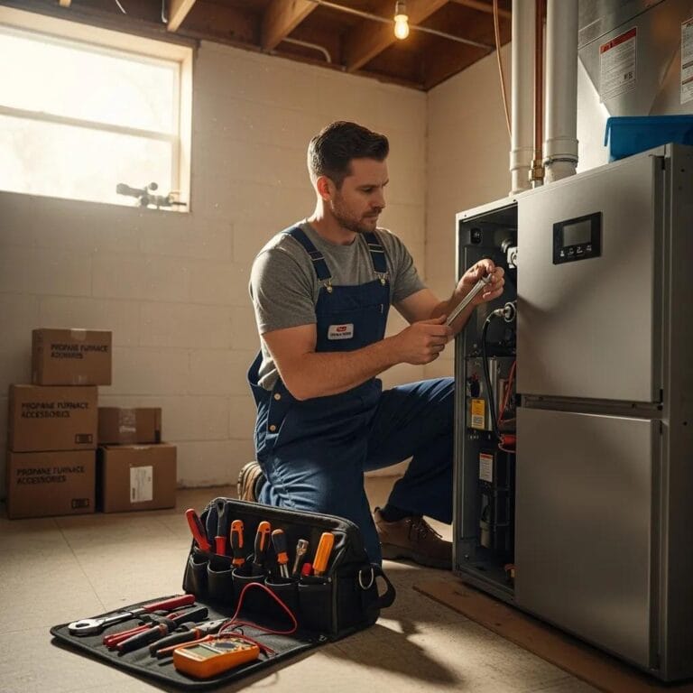 Technician installing a propane furnace in a cozy home environment