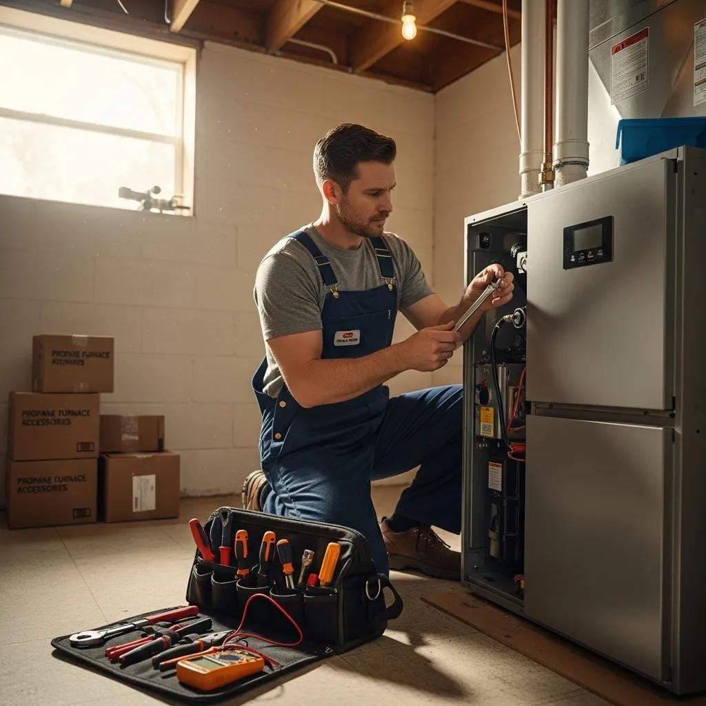Technician installing a propane furnace in a cozy home environment