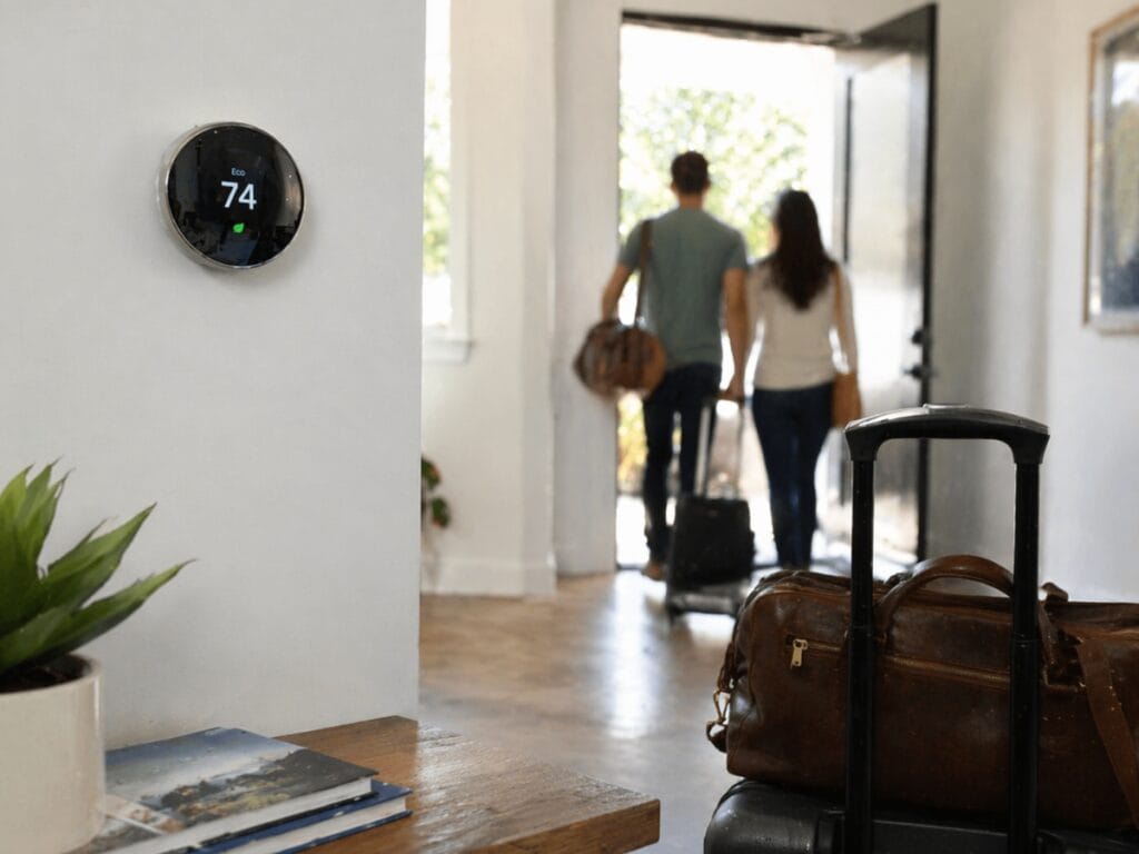 A couple with luggage walks out an open door, ready for their trip, while a smart thermostat on the wall displays 74°F—perfect for Seasonal Vacation Prep. A plant and magazines sit neatly on a nearby table.
