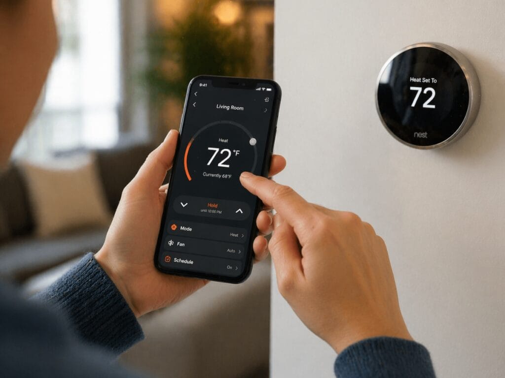 Seasonal Vacation Prep: How to Save Energy Efficiently While Away 2 A person adjusts a smart thermostat set to 72°F using a smartphone app in a modern living room, perfect for efficient Seasonal Vacation Prep.