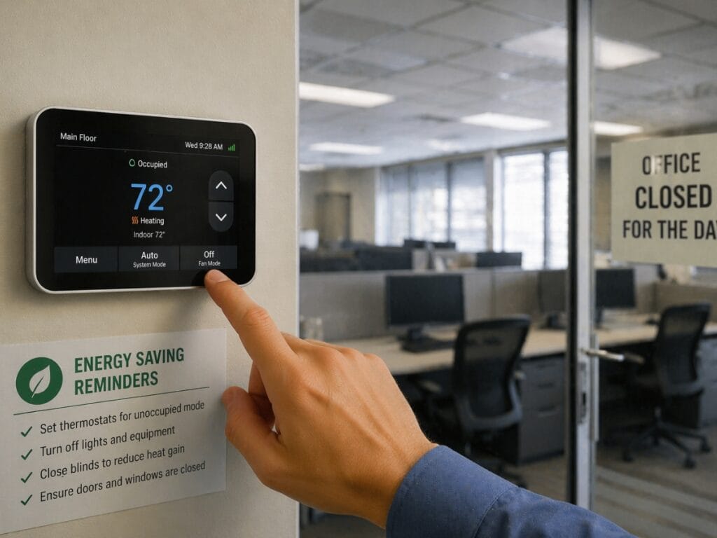 Seasonal Vacation Prep: How to Save Energy Efficiently While Away 5 A hand adjusts a wall-mounted digital thermostat in an empty office, with an energy-saving reminder sign and a "Closed for the Day" notice visible—ideal for efficient Seasonal Vacation Prep.