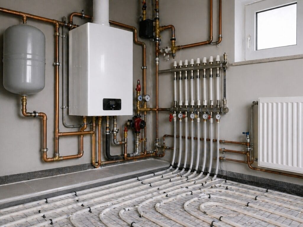 A modern underfloor heating system with pipes, a white boiler, manifold, and radiator installed in a utility room with exposed plumbing highlights the versatility of different types boilers for home heating solutions.