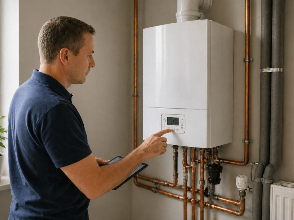 A man in a blue shirt uses a touchscreen panel on a wall-mounted boiler with copper pipes, holding a tablet in his left hand, likely reviewing different types of boilers.