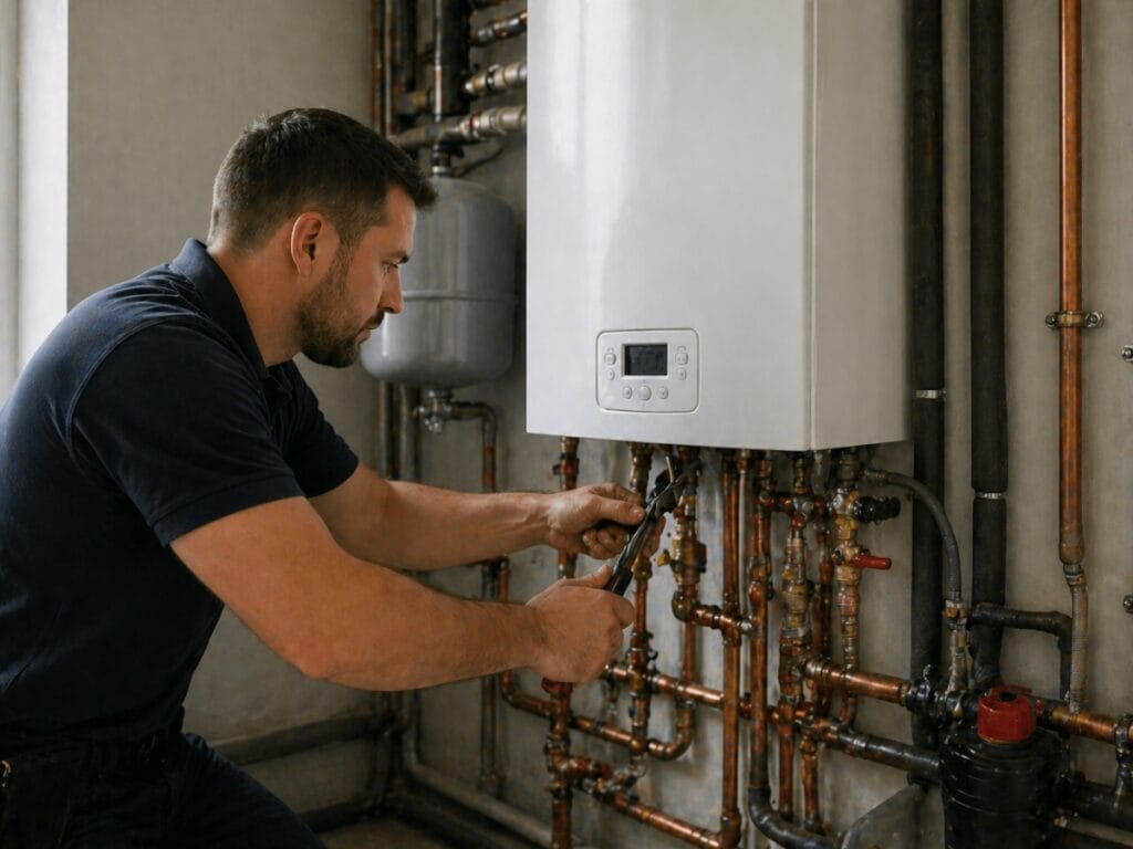 A man in a navy shirt uses a wrench to adjust copper pipes connected to a white wall-mounted boiler, showcasing one of the many types boilers found in modern indoor utility areas.