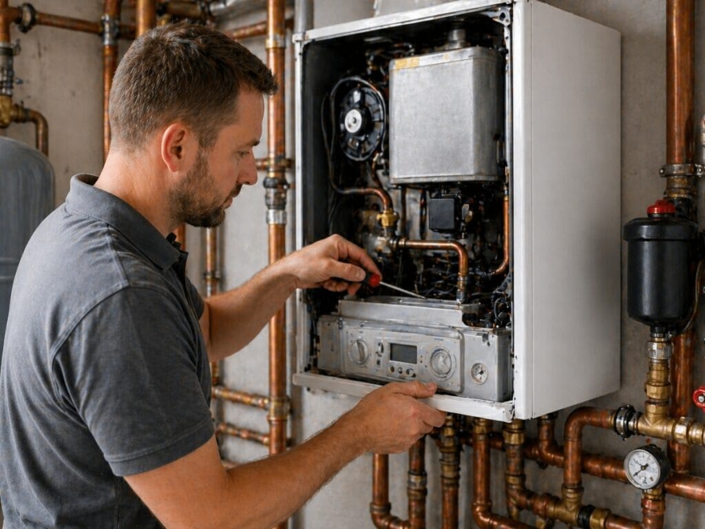 A man in a gray shirt repairs or inspects a wall-mounted gas boiler, demonstrating expertise with various types boilers, surrounded by copper pipes and valves in a utility room.