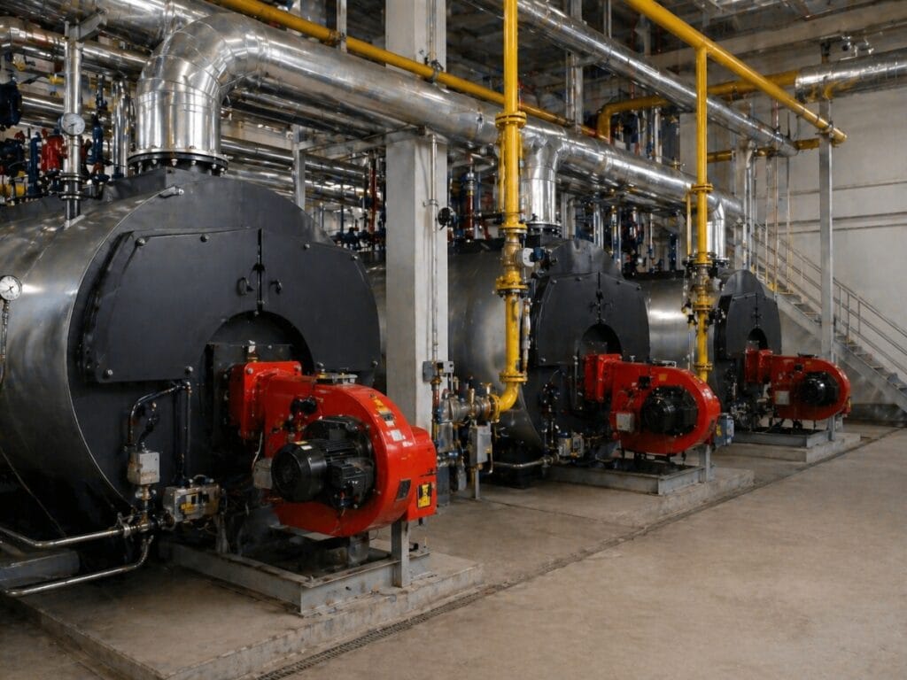 Three large industrial boilers, representing different types of boilers, are aligned in a facility with red burner units, interconnected by yellow and silver pipes, and a metal staircase visible on the right.