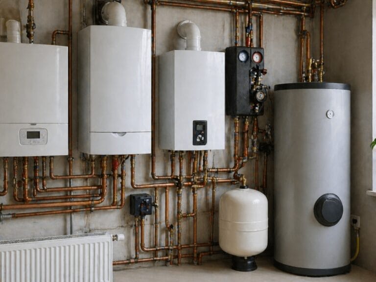 A utility room with types boilers, a hot water cylinder, pressure gauges, a radiator, and exposed copper pipes mounted on a concrete wall.